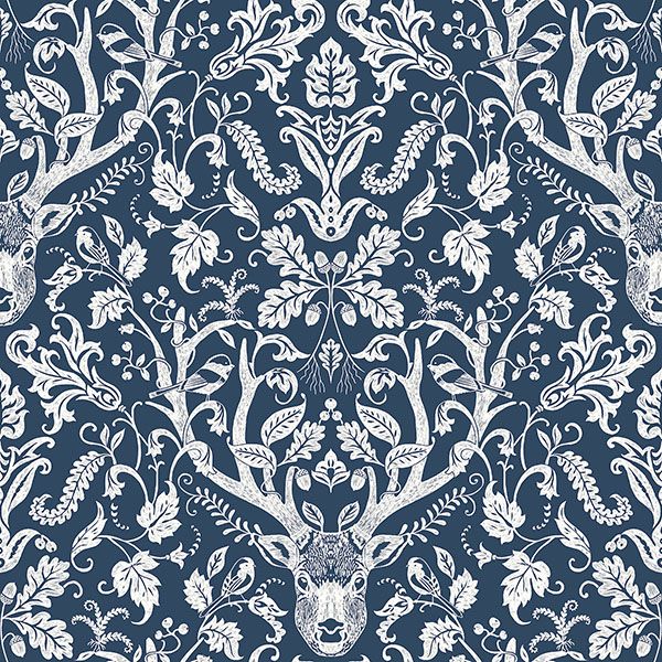 4169-12703 | Oak & Moss, Kiwassa Navy Antler Damask - Chesapeake Wallpaper