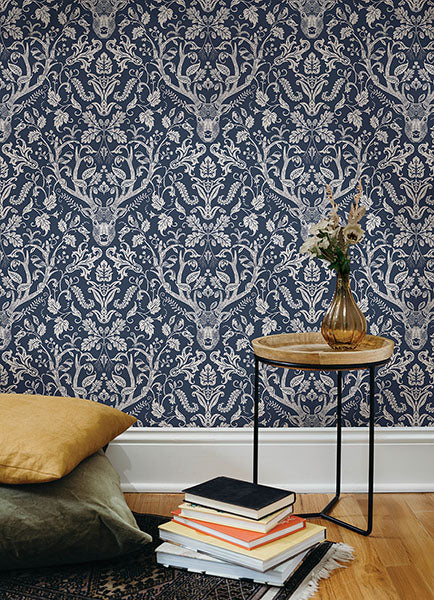4169-12703 | Oak & Moss, Kiwassa Navy Antler Damask - Chesapeake Wallpaper - Image 2