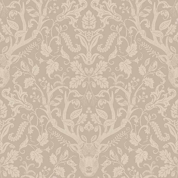 4169-12705 | Oak & Moss, Kiwassa Light Brown Antler Damask - Chesapeake Wallpaper