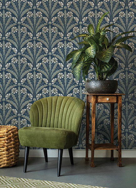 4169-27600 | Oak & Moss, Tap Root Dark Blue Floral Damask - Chesapeake Wallpaper - Image 2