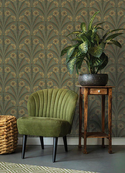 4169-27604 | Oak & Moss, Tap Root Green Floral Damask - Chesapeake Wallpaper - Image 2