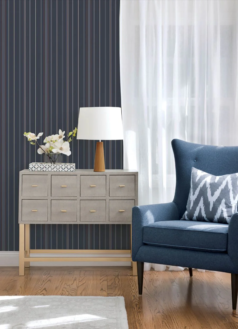 4192-83450 | Plaid & Stripe, Lascelle Navy Modern Pinstripe - Chesapeake Wallpaper - Image 2