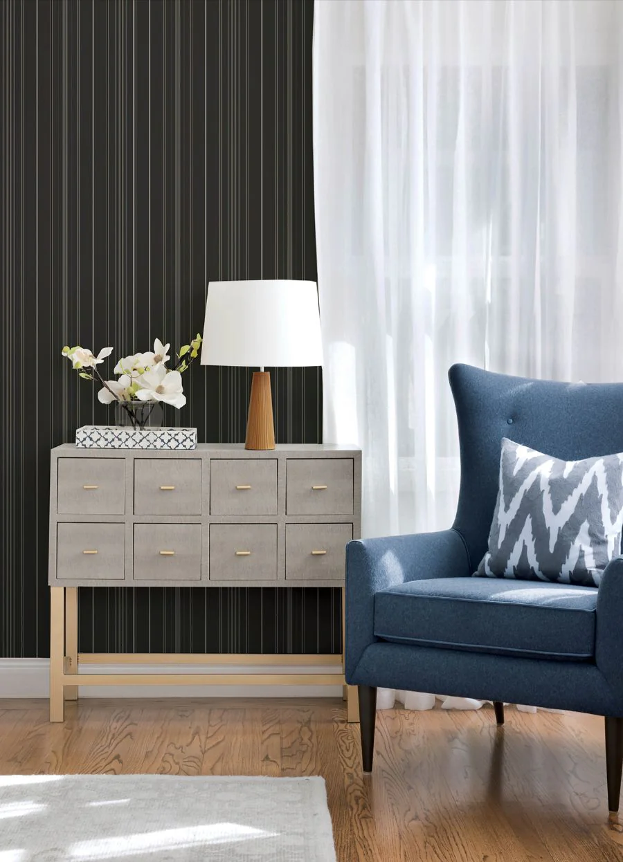 4192-83453 | Plaid & Stripe, Lascelle Black Modern Pinstripe - Chesapeake Wallpaper - Image 2