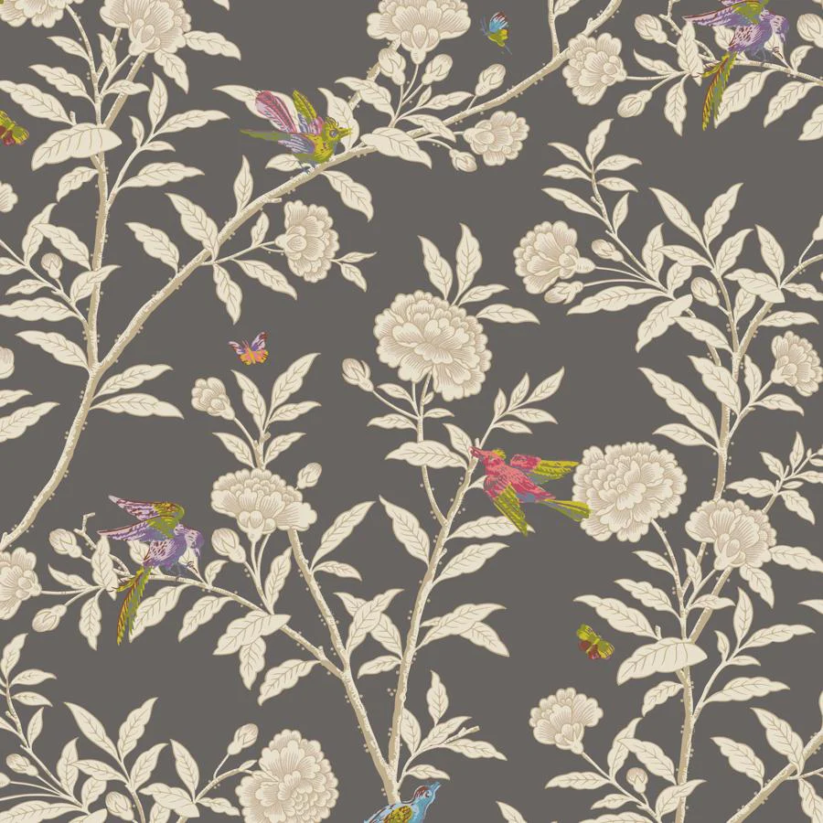 Sample - 127/4019 | Roseberry With Birds, Charcoal Chinoiserie - Cole & Son Wallpaper