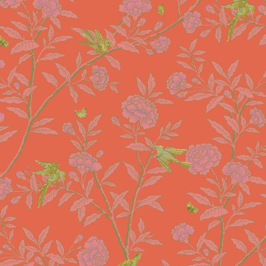 Sample - 127/4021 | Roseberry With Birds, Vermillion Chinoiserie - Cole & Son Wallpaper