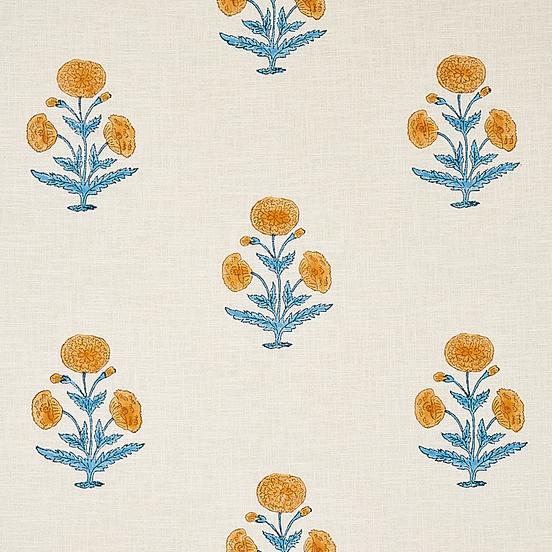 Sample - 179841 | Poppy Hand Block Print, Mustard & Sky - Schumacher Fabric