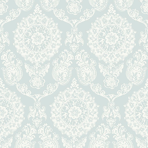 Sample - 4071-71023 Advantage Wallpaper, Helm Damask Aqua Floral Medallion Blue Heron