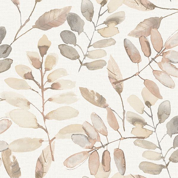 Sample - 4169-13912 Chesapeake Wallpaper, Pinnate Salmon Leaves Oak & Moss