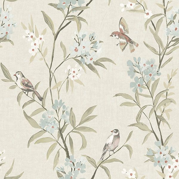 Sample - 4169-83137 Chesapeake Wallpaper, Tea Olive Beige Finch Frolic Oak & Moss