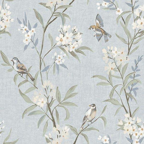 Sample - 4169-83140 Chesapeake Wallpaper, Tea Olive Light Blue Finch Frolic Oak & Moss
