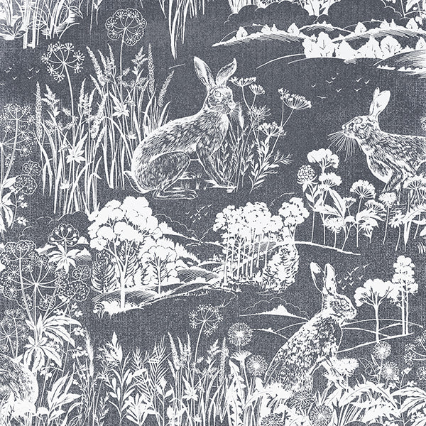 Sample - AH909606 Brewster Wallpaper, Hattie Navy Meadow Hare Arthouse