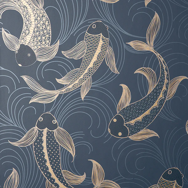 Sample - FD43797 Brewster Wallpaper, Dashiell Navy Decorative Fish Medley